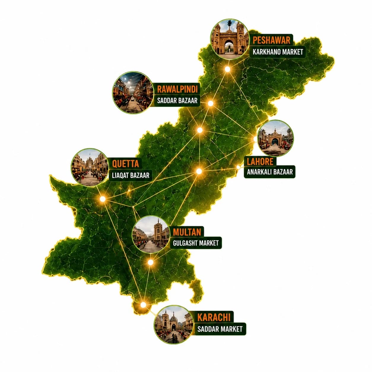 Map of Pakistan with pins on covered cities